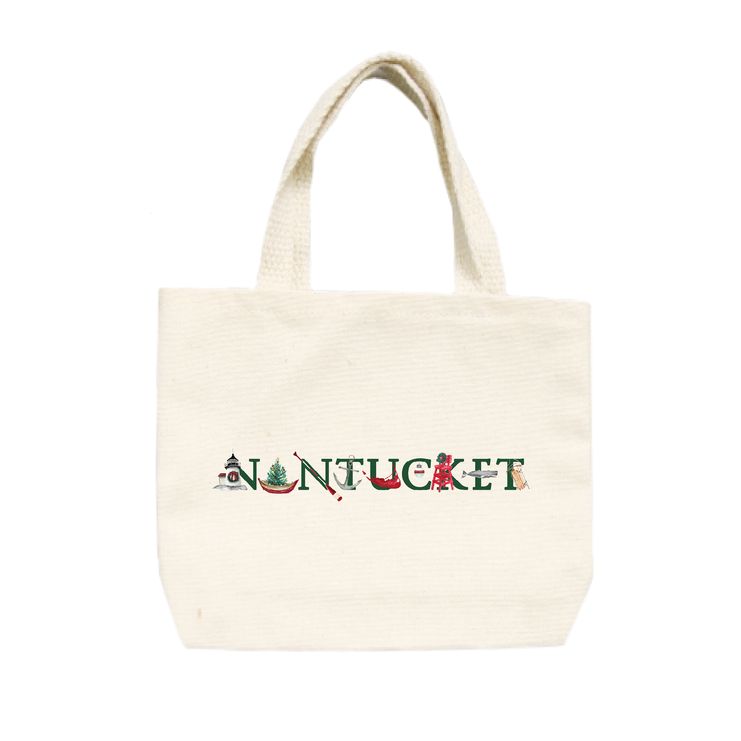 nantucket holiday with green text small tote