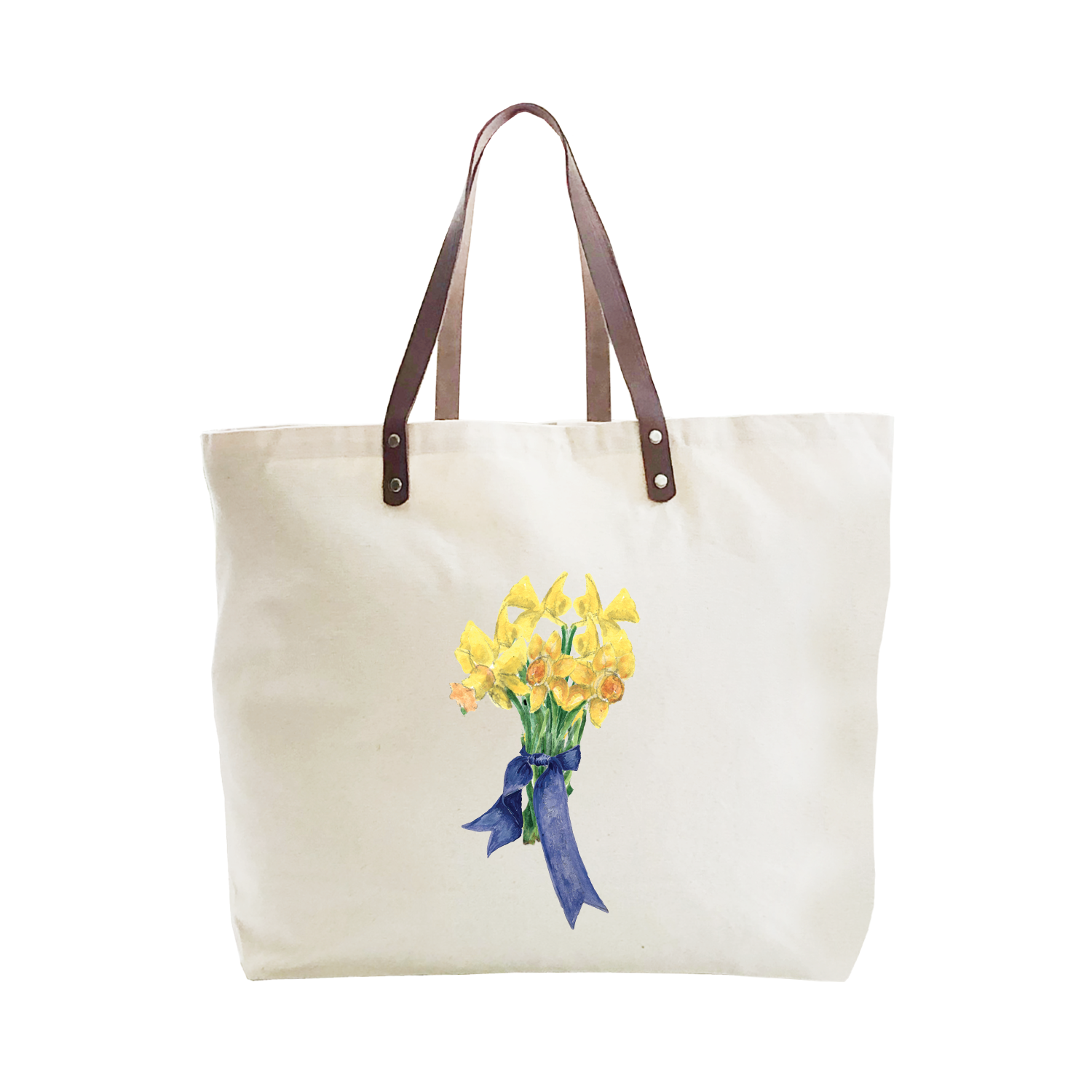 daffodils with blue ribbon large tote