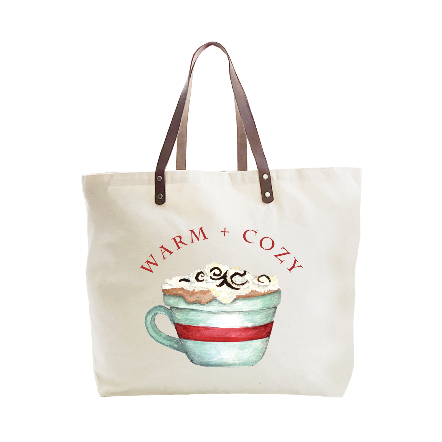 warm and cozy cocoa cup large tote