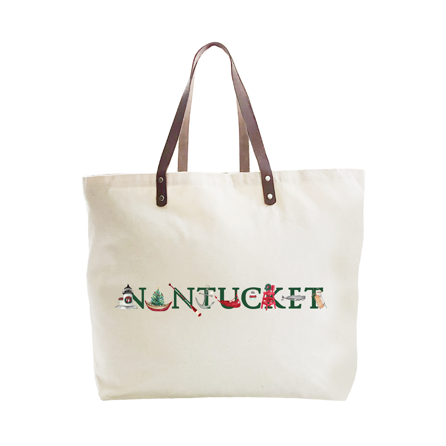 nantucket holiday with green text large tote