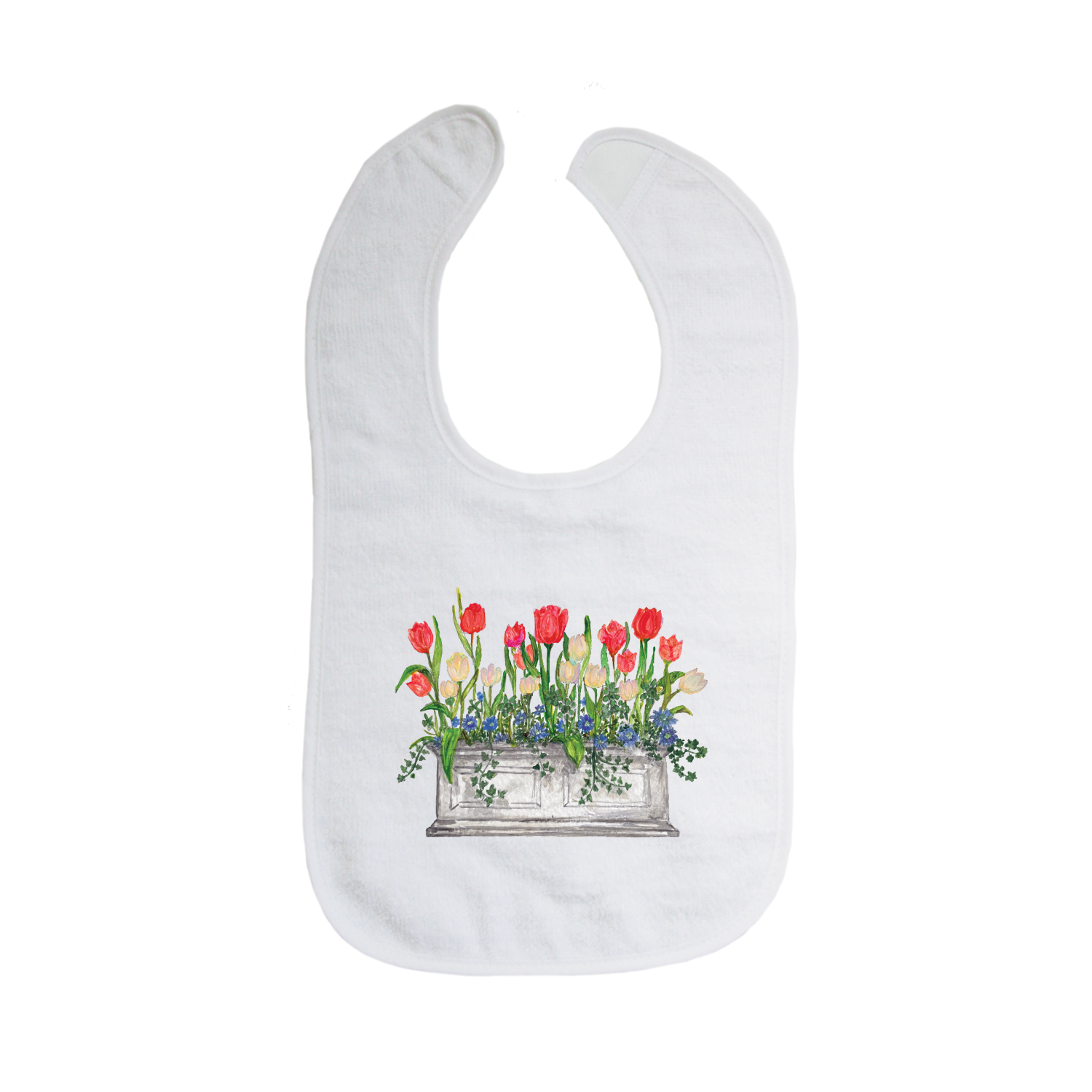 red white and blue tulips in window box bib