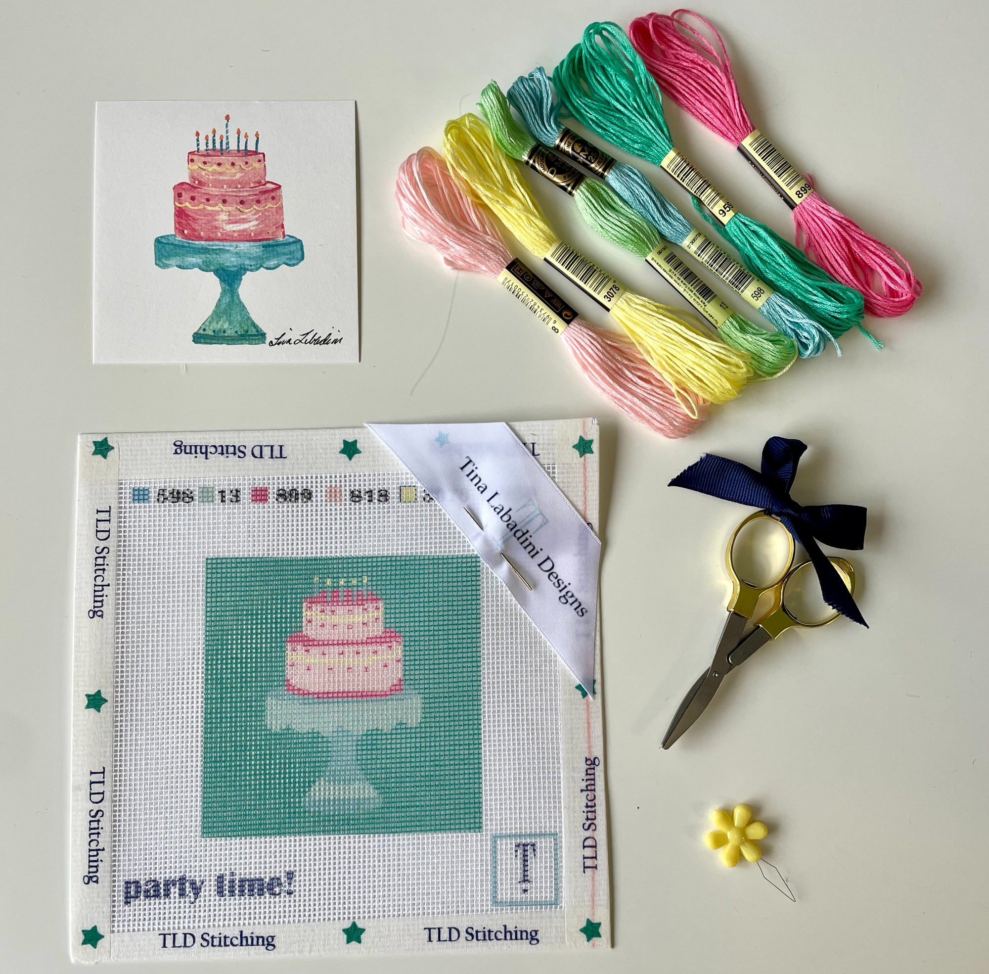 "let's party" birthday cake needlepoint stitch kit