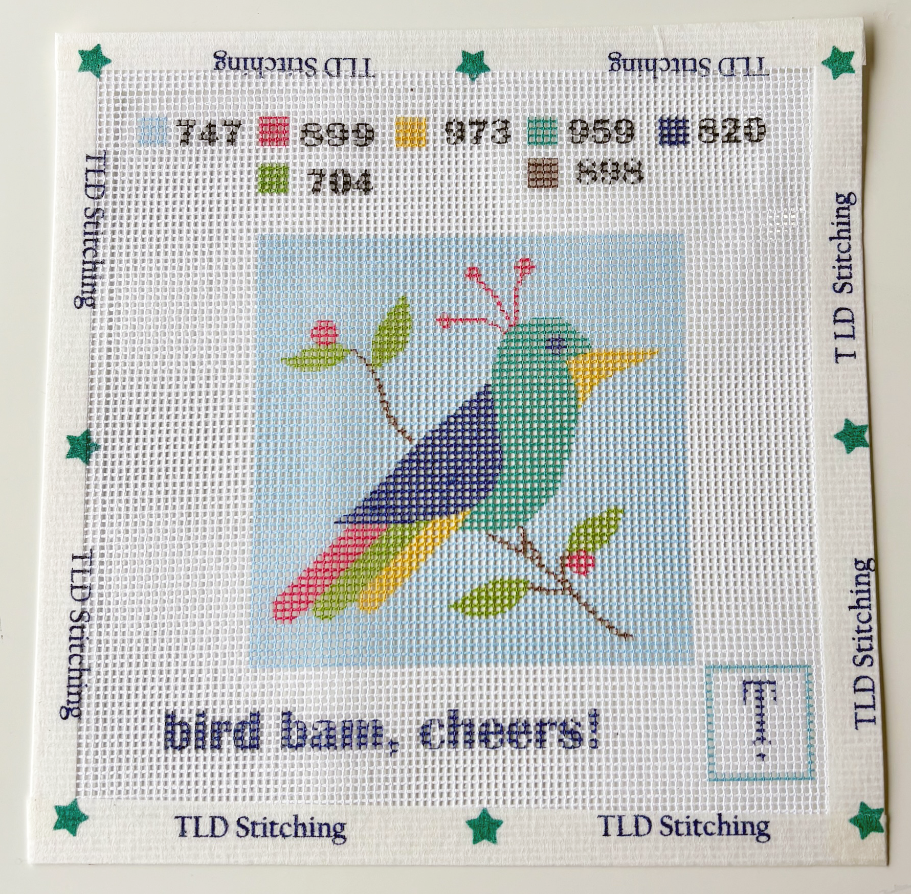 "bird bam cheers"  needlepoint stitch kit