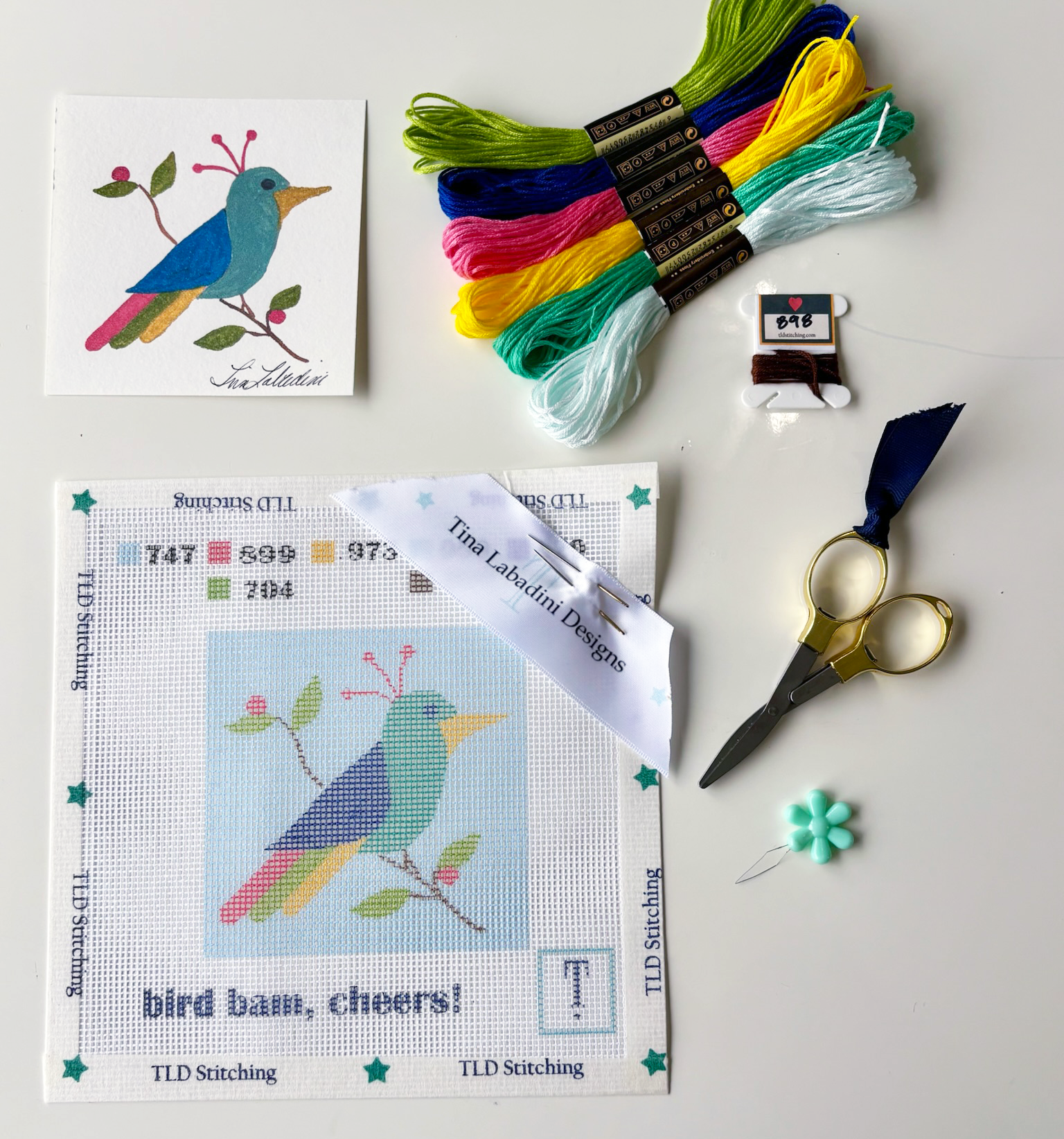 "bird bam cheers"  needlepoint stitch kit