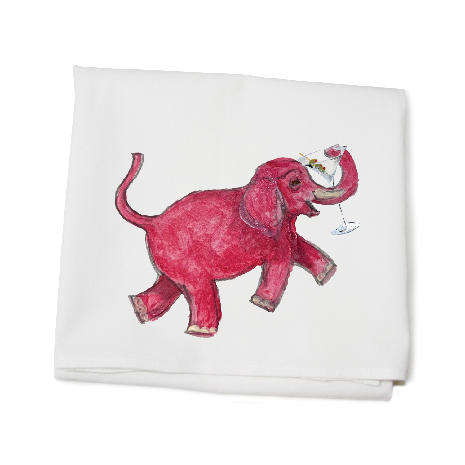 pink elephant with martini flour sack towel