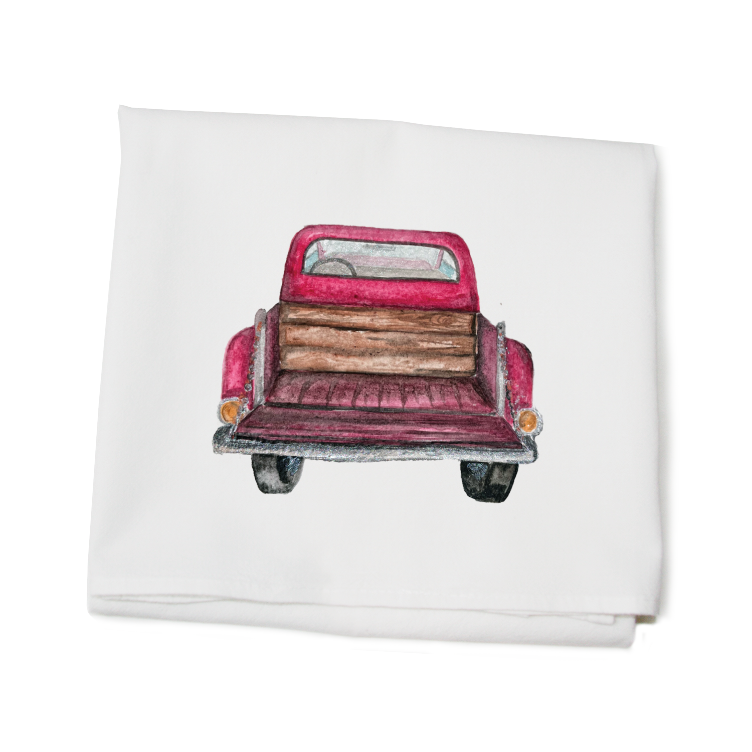 red pick up tailgate down flour sack towel