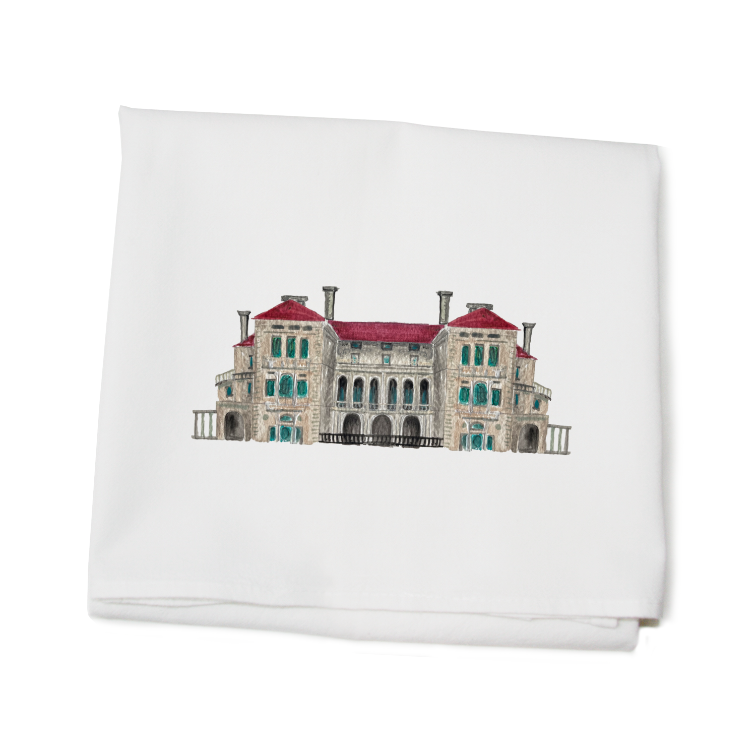 newport mansion with red roof flour sack towel
