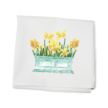 daffodils in flower box flour sack towel
