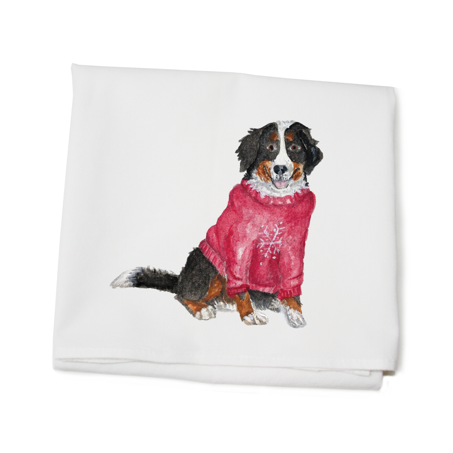 bernese mountain dog in sweater flour sack towel