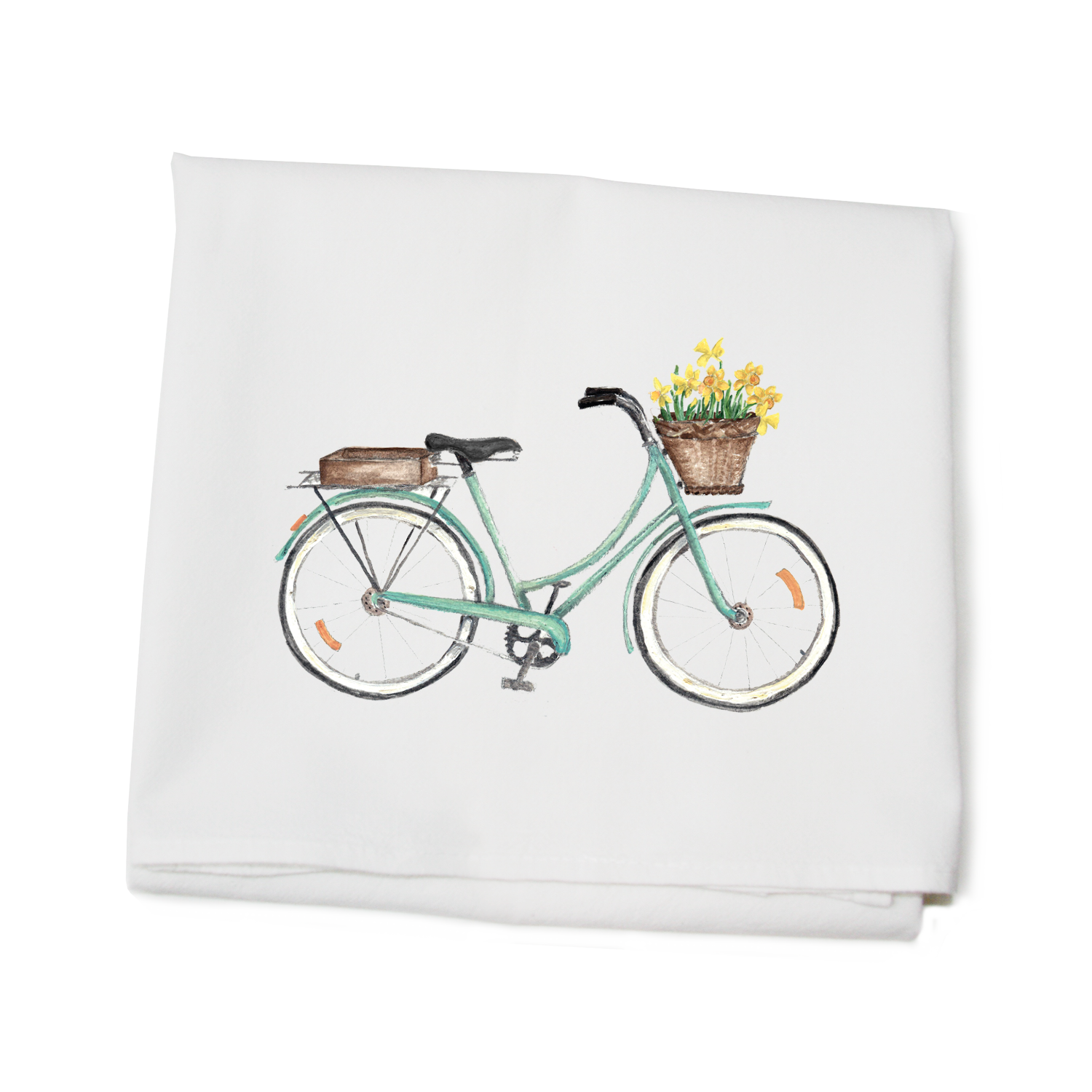 seafoam bike with daffodils in front flour sack towel