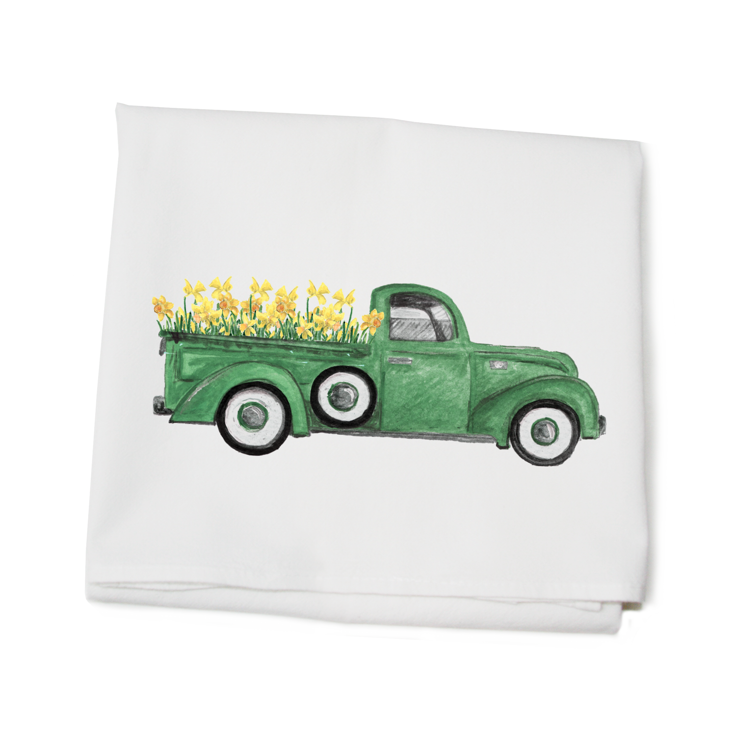 green truck with daffodils flour sack towel