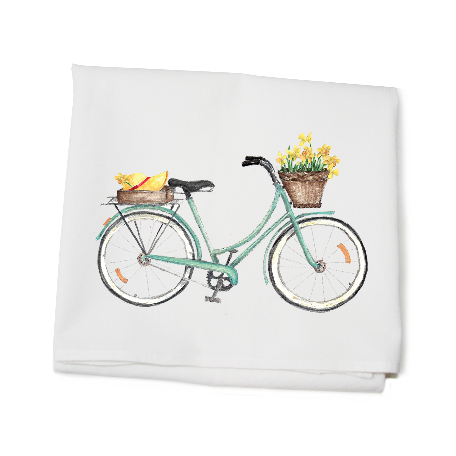 seafoam bike with daffodils and straw hat flour sack towel