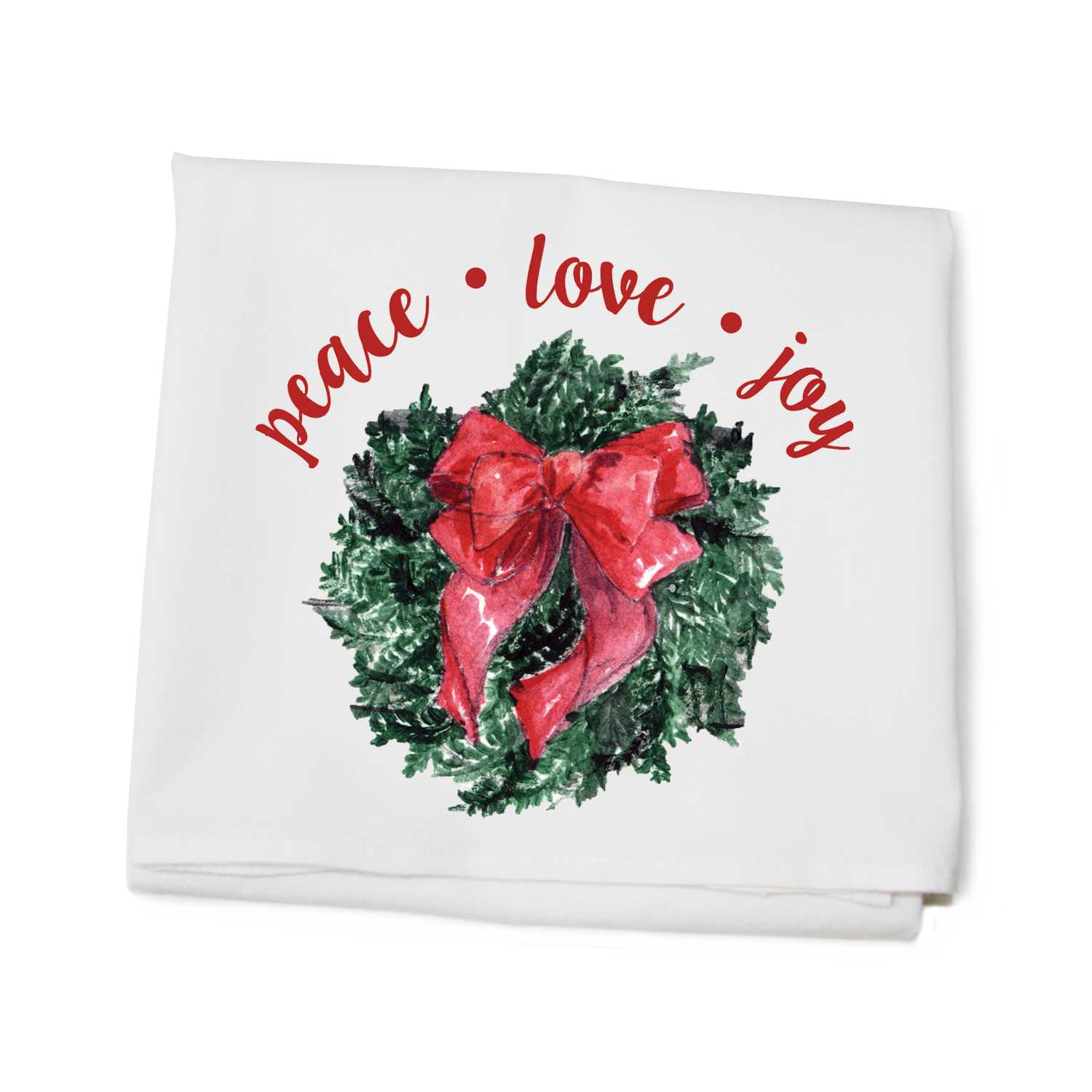 wreath with bow peace love joy italics flour sack towel