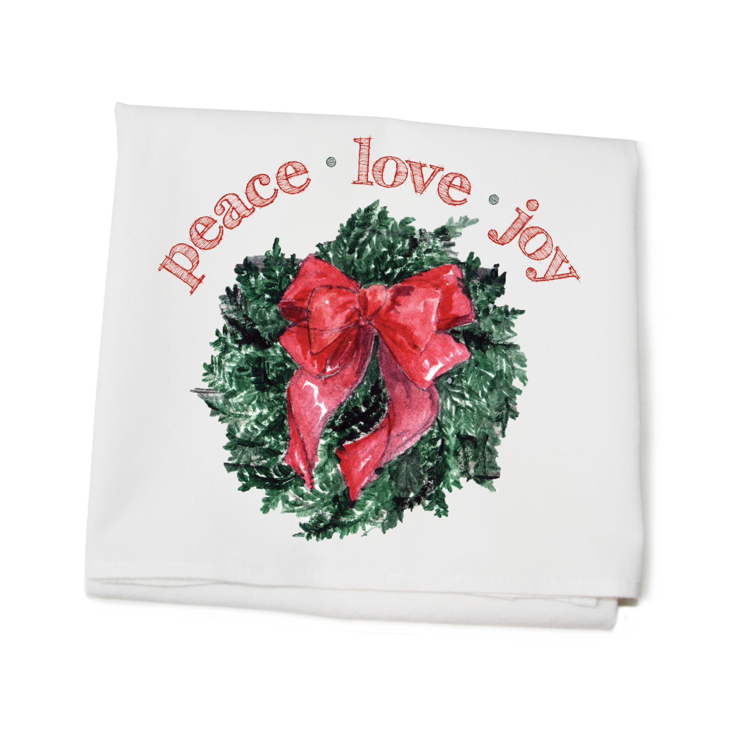 wreath with bow peace love joy bold text flour sack towel