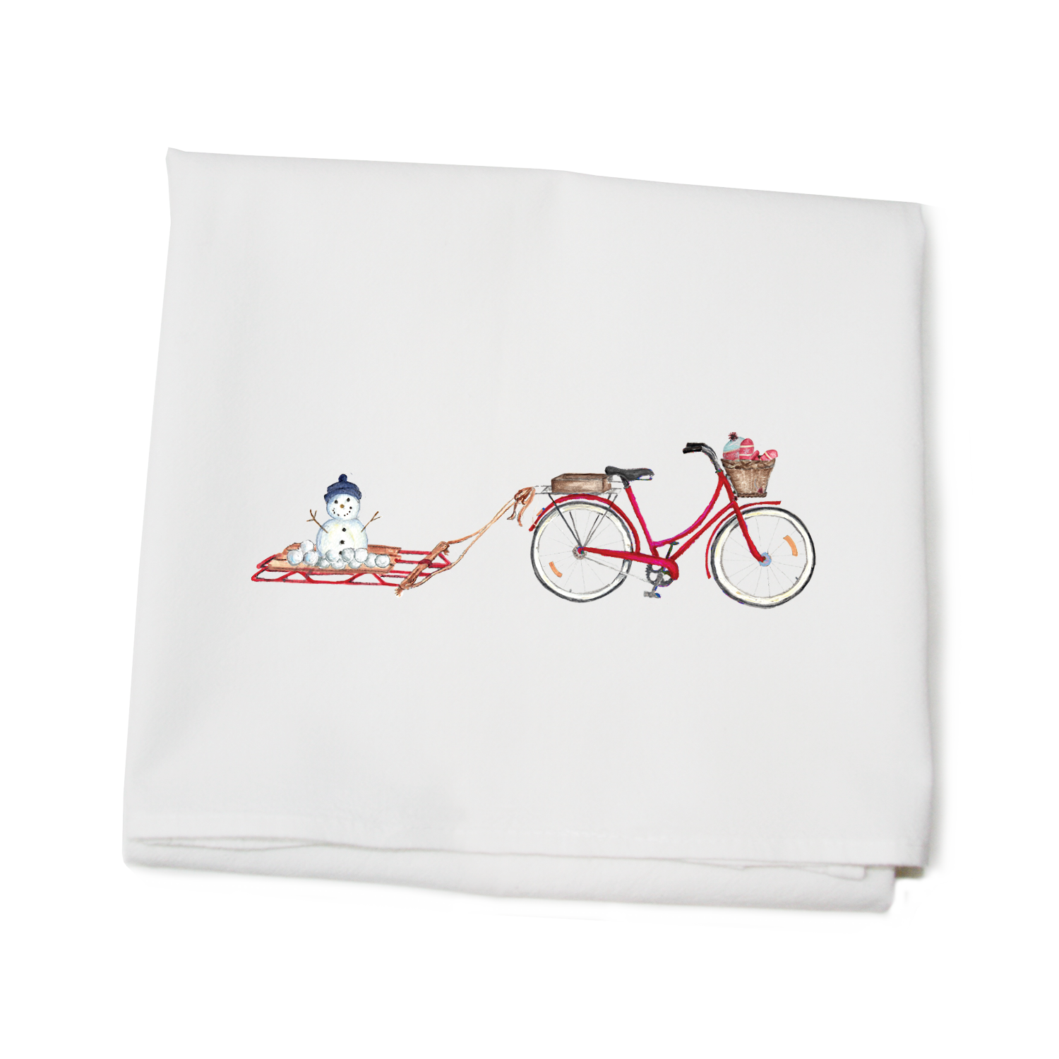red bike with snowman on sled flour sack towel