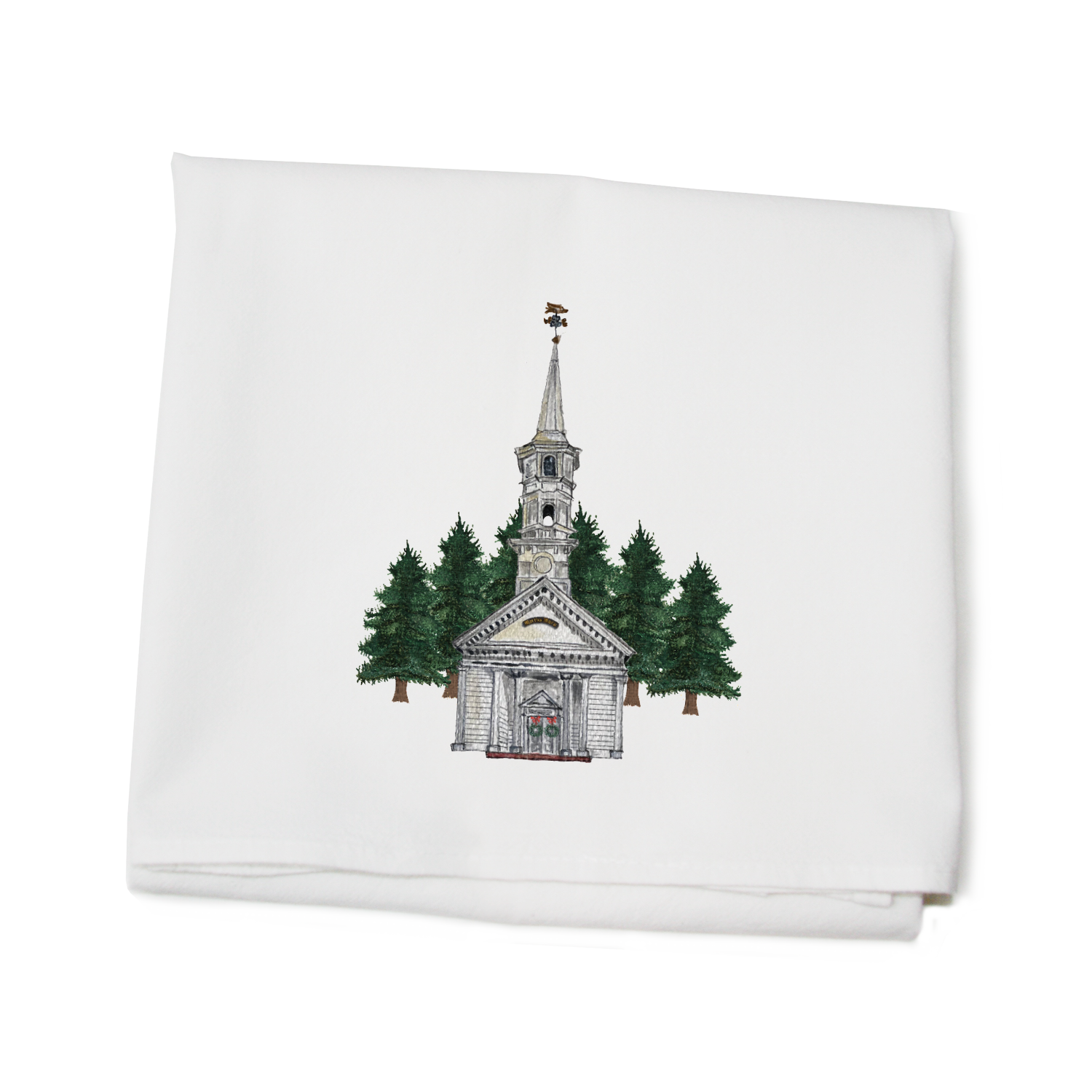 chapel with wreaths and trees flour sack towel
