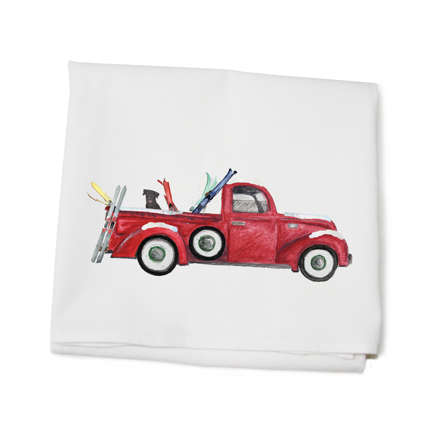 red truck with skis flour sack towel