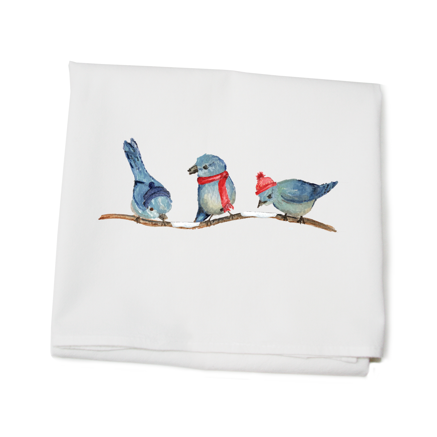 three bluebirds winter flour sack towel