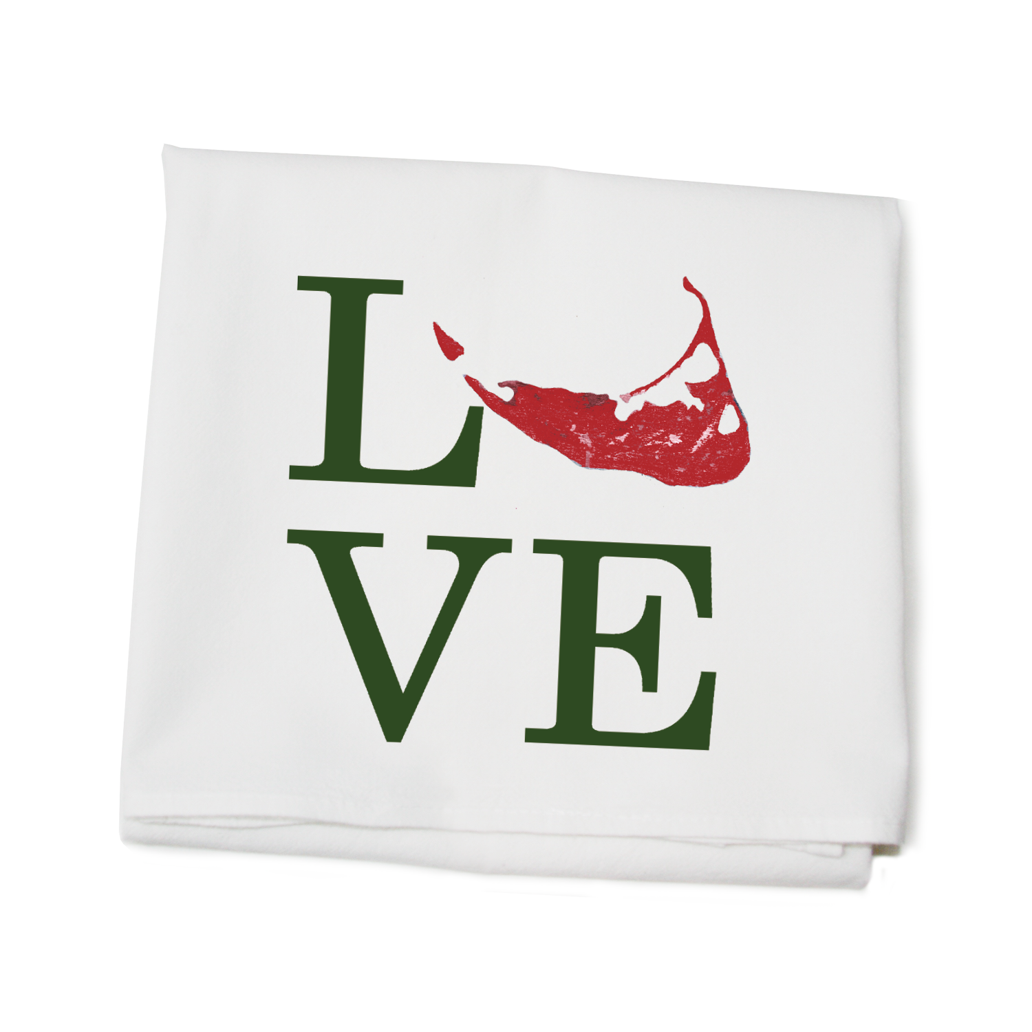 love nantucket island in red and green flour sack towel