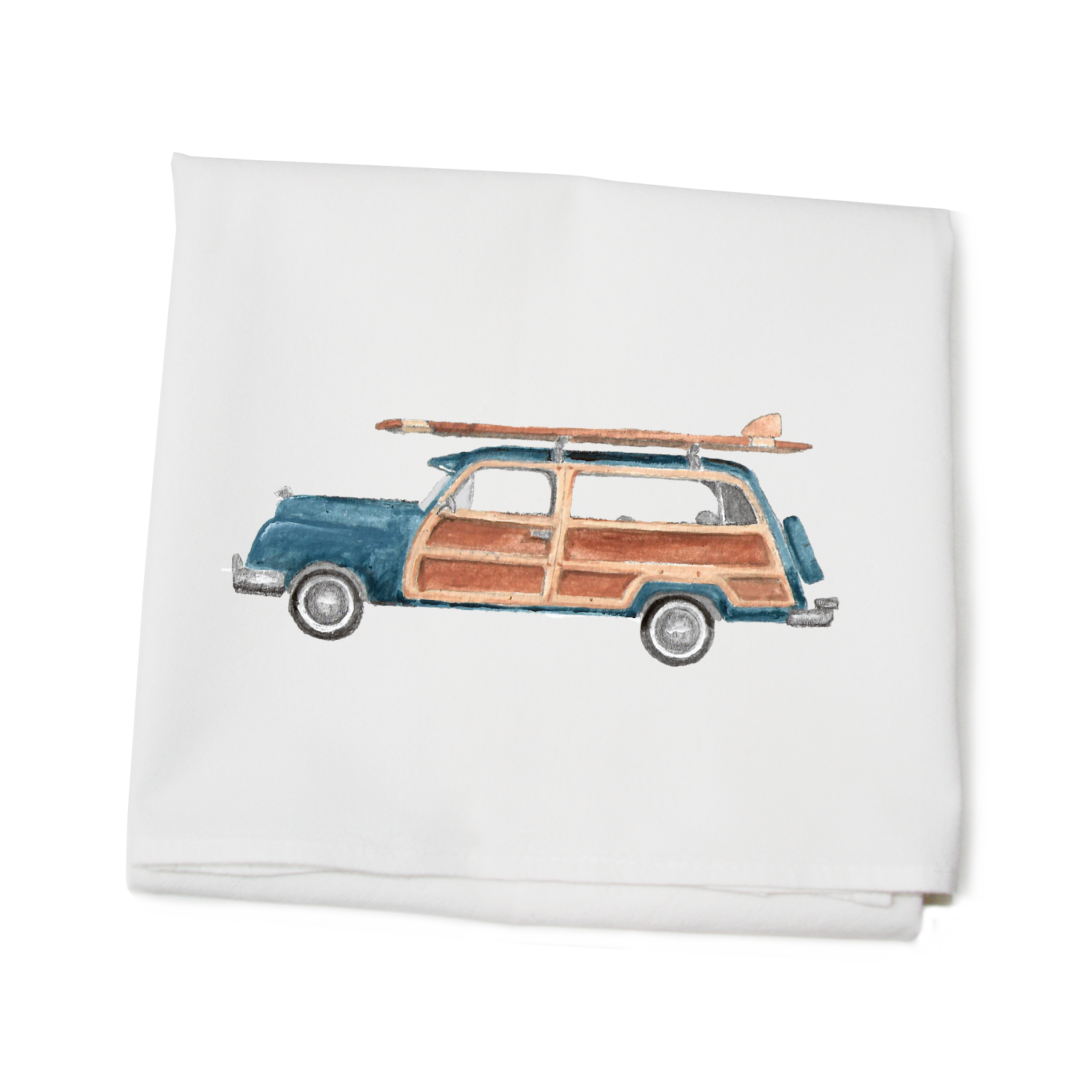 blue woody with surfboard flour sack towel