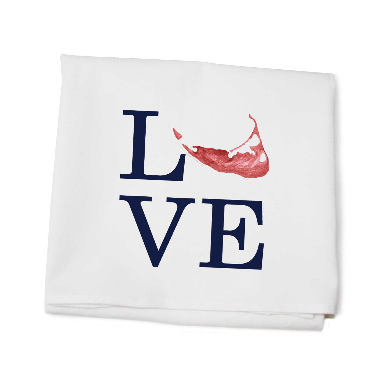 love nantucket island navy text with red island flour sack towel