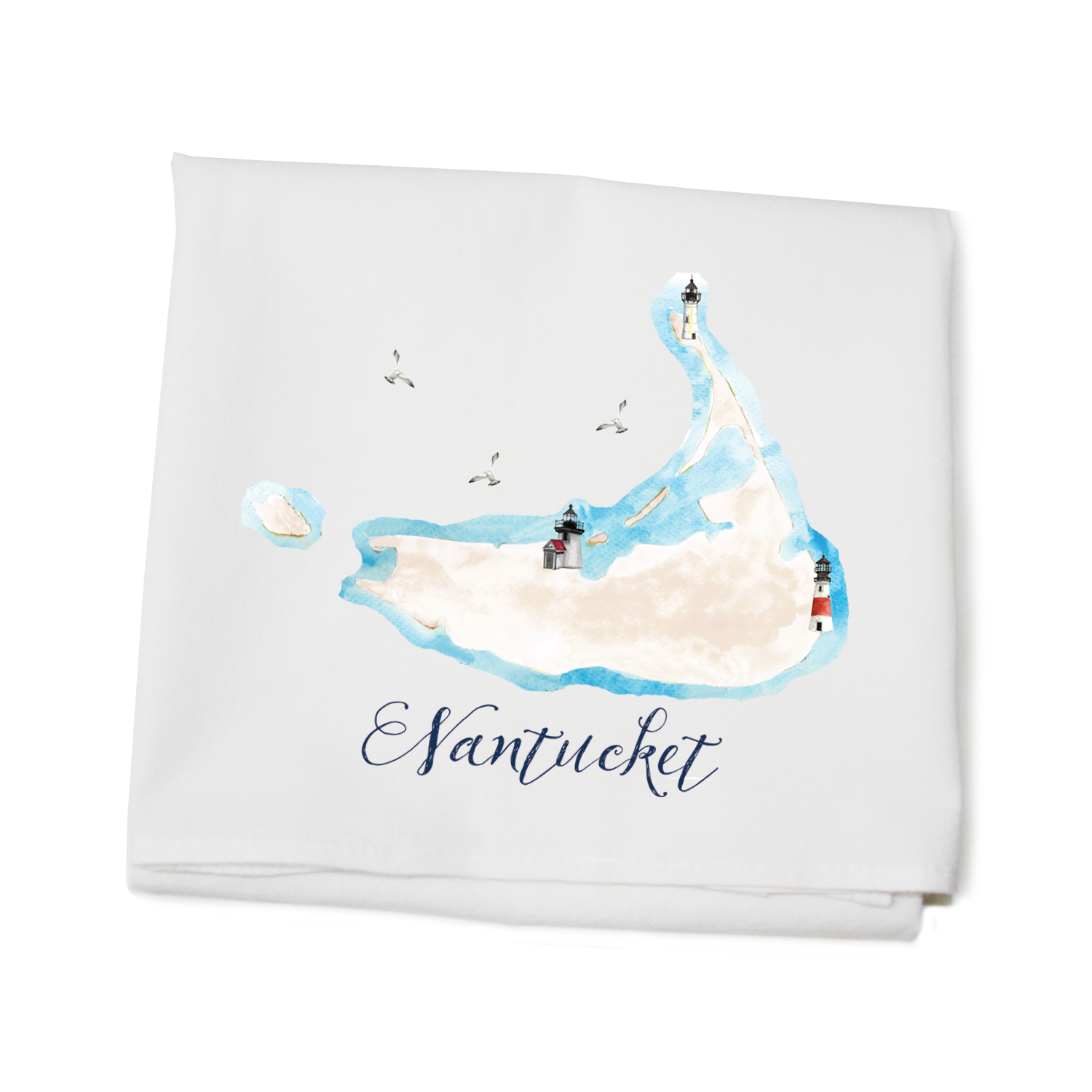 nantucket map with three lighthouses flour sack towel