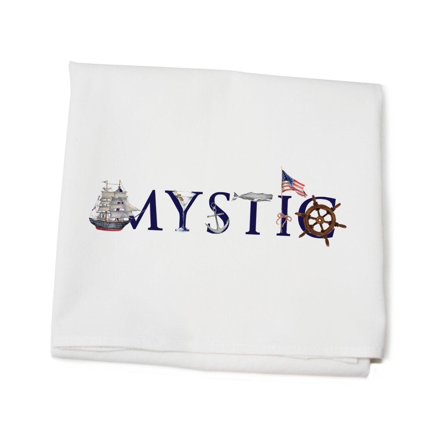 mystic with martini and flag flour sack towel