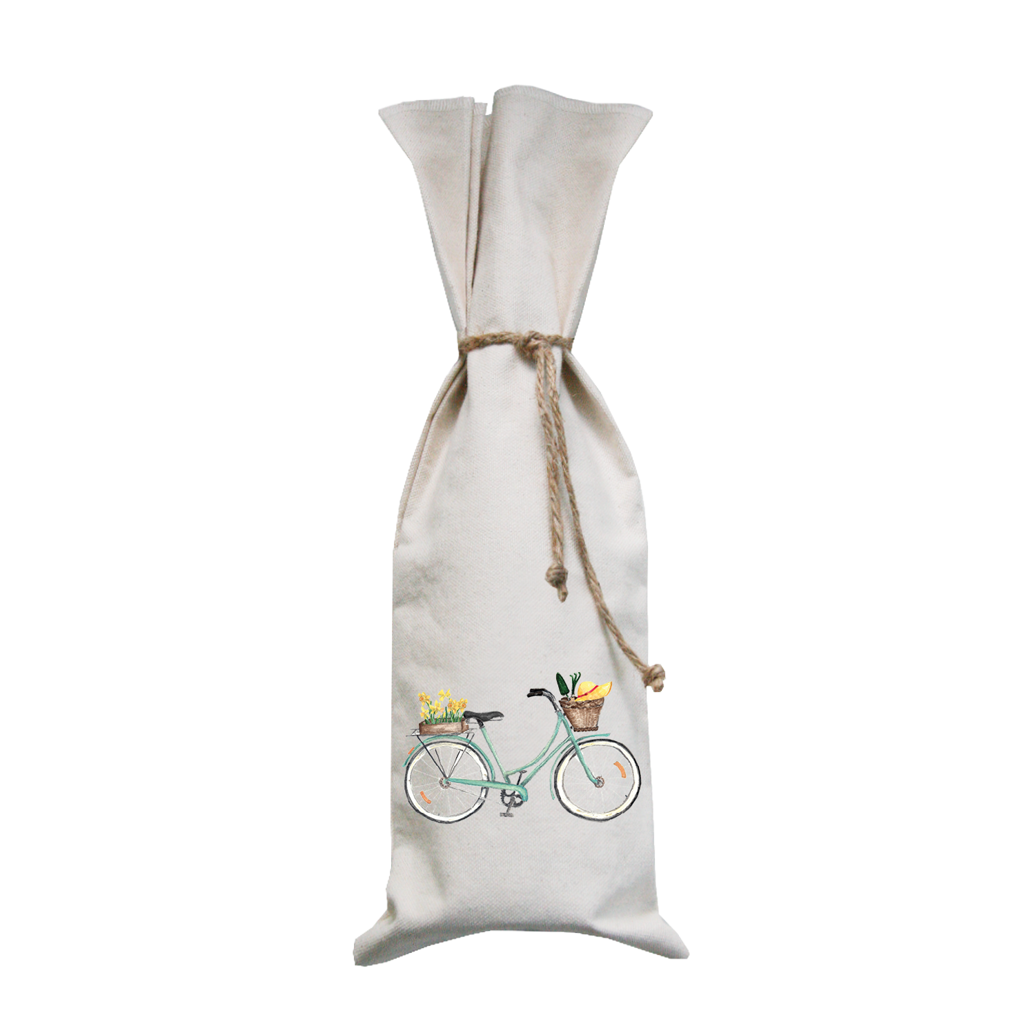 seafoam bike with daffodils on back wine bag