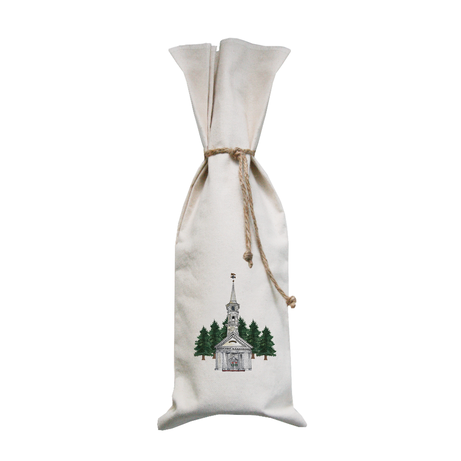 chapel with wreaths and trees wine bag
