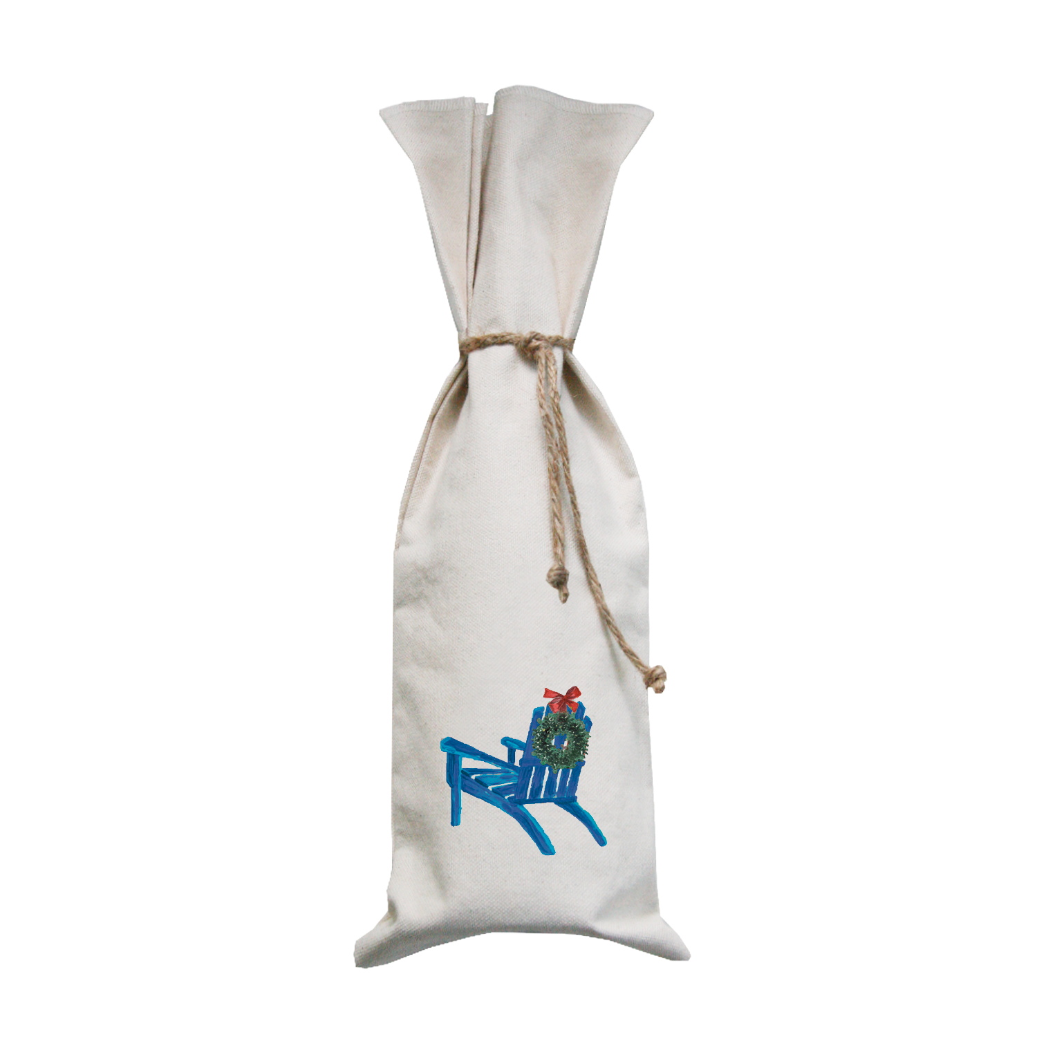 blue chair and wreath wine bag