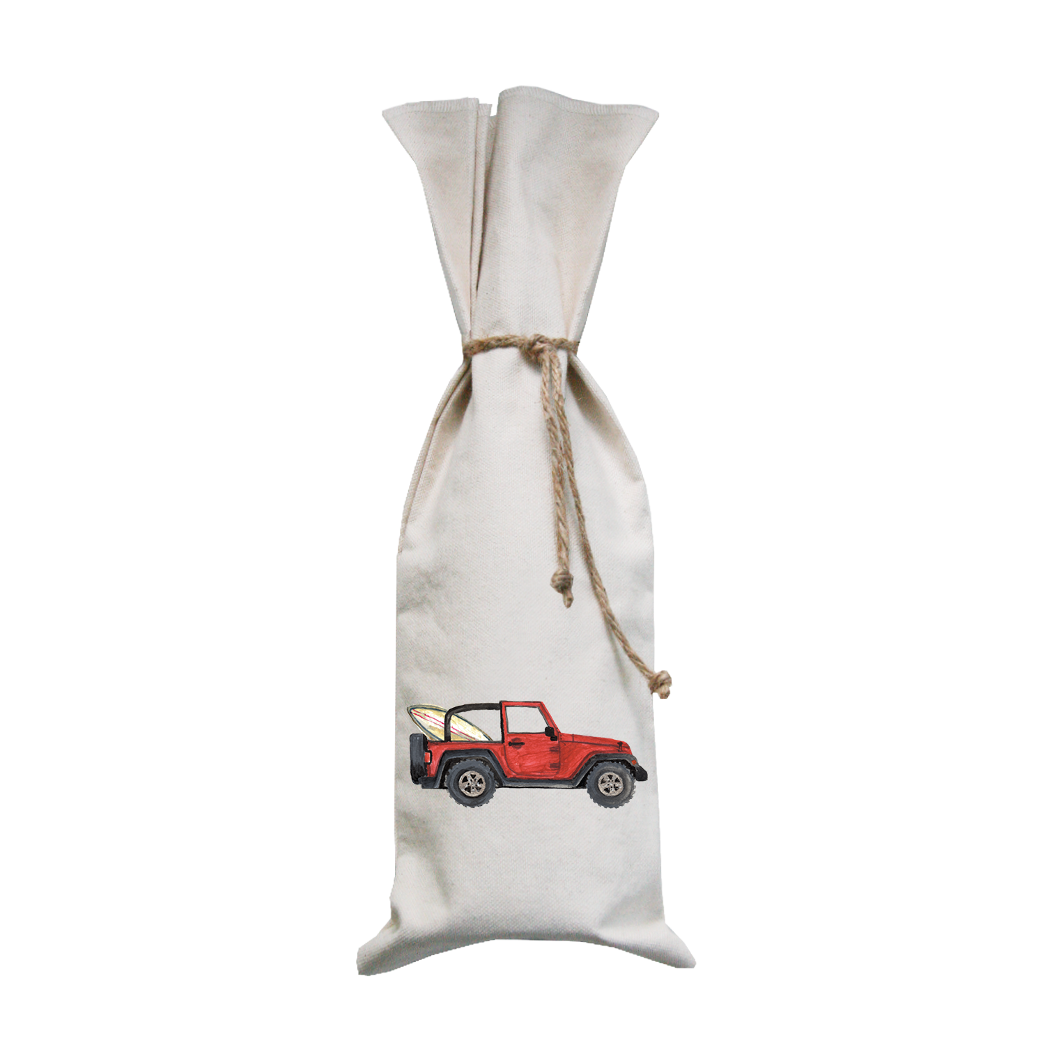 red jeep + surfboard wine bag