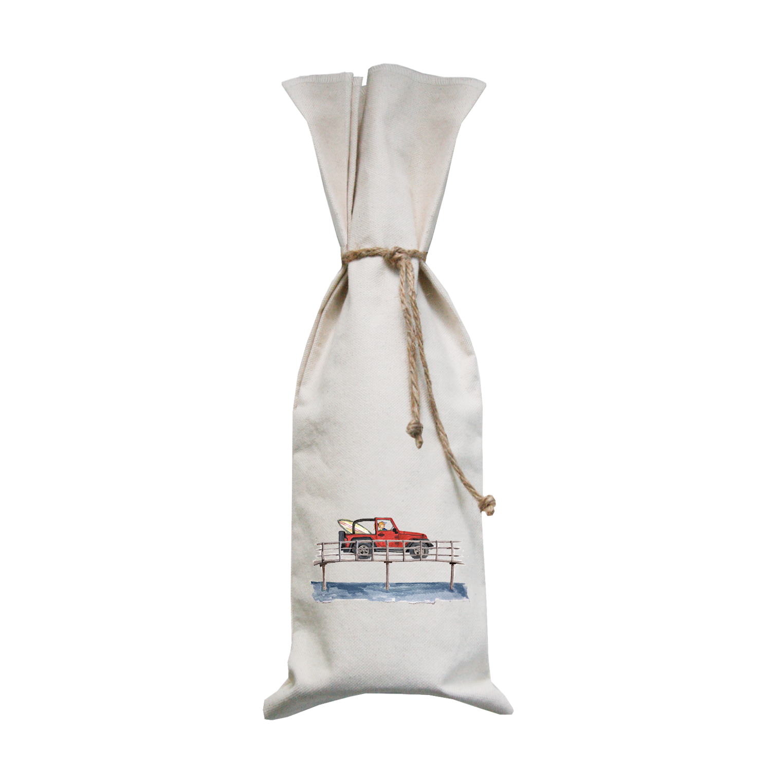 red jeep on bridge wine bag