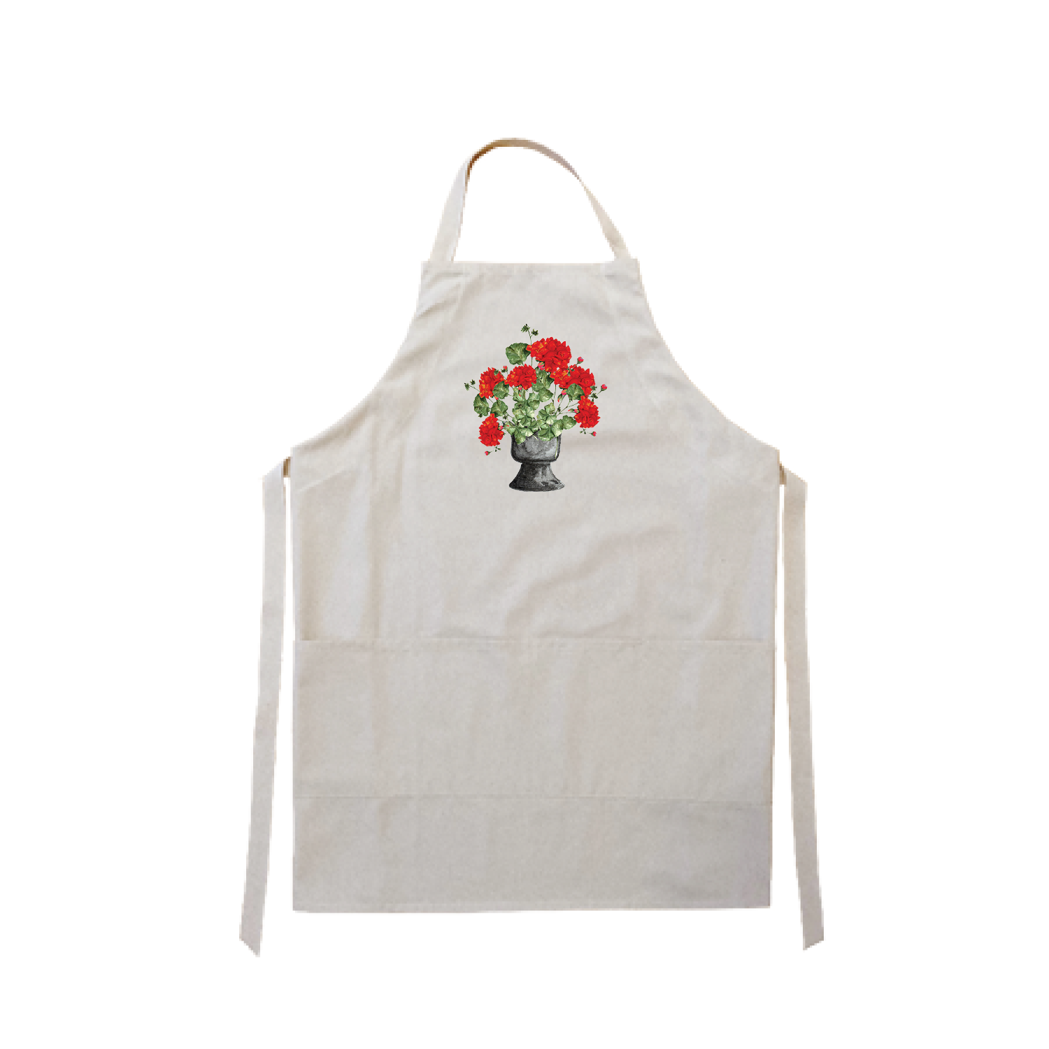 red geraniums in black pot apron