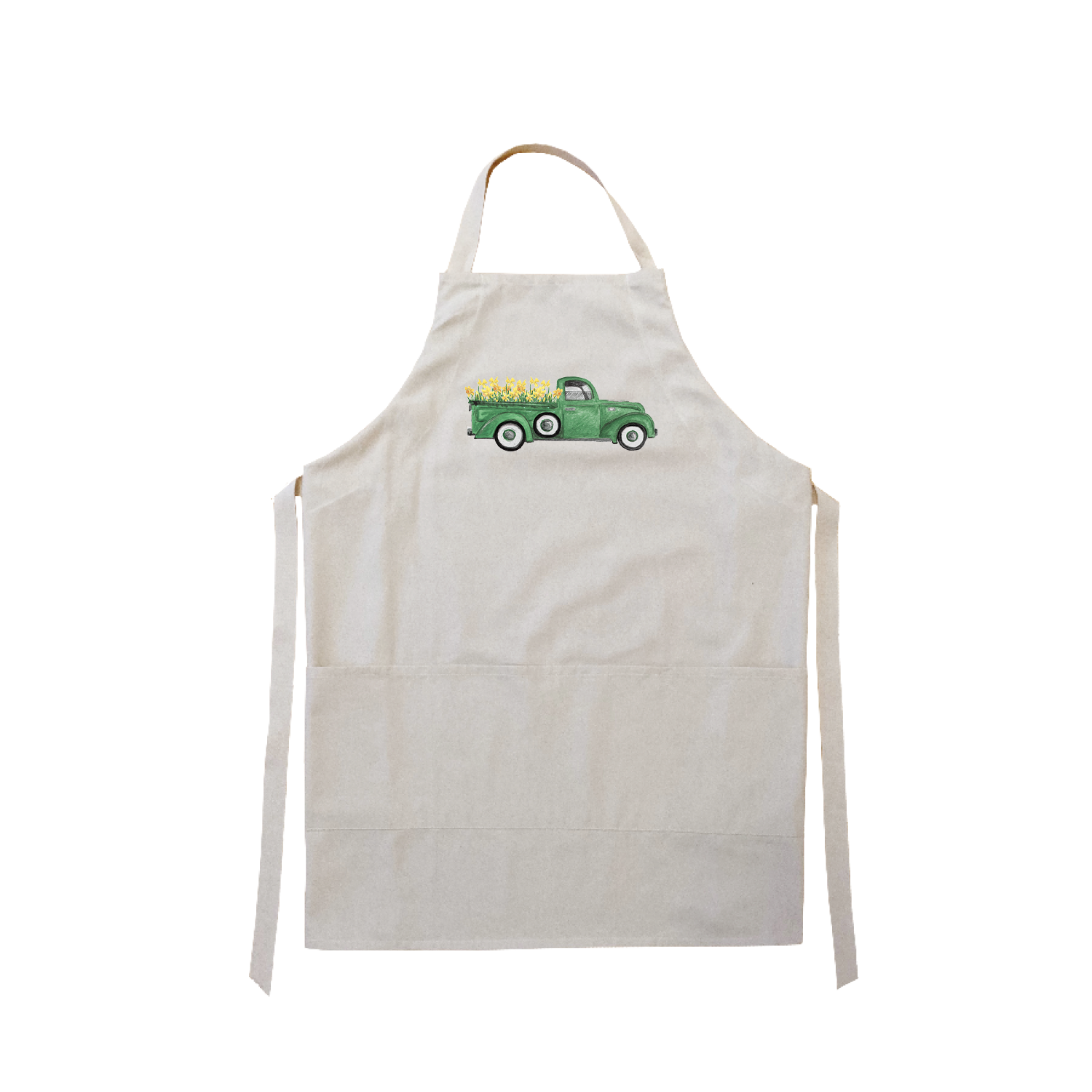 green truck with daffodils apron