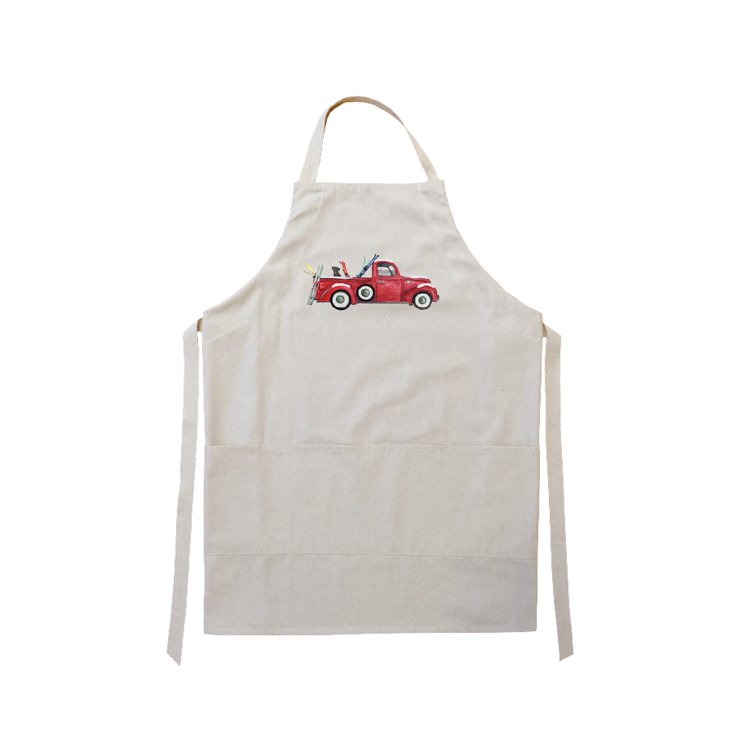 red truck with skis apron