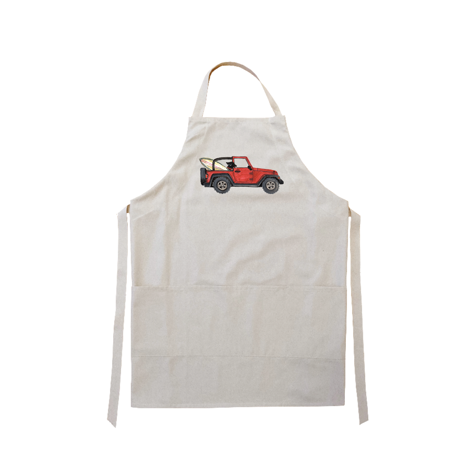 lab in red jeep + board apron