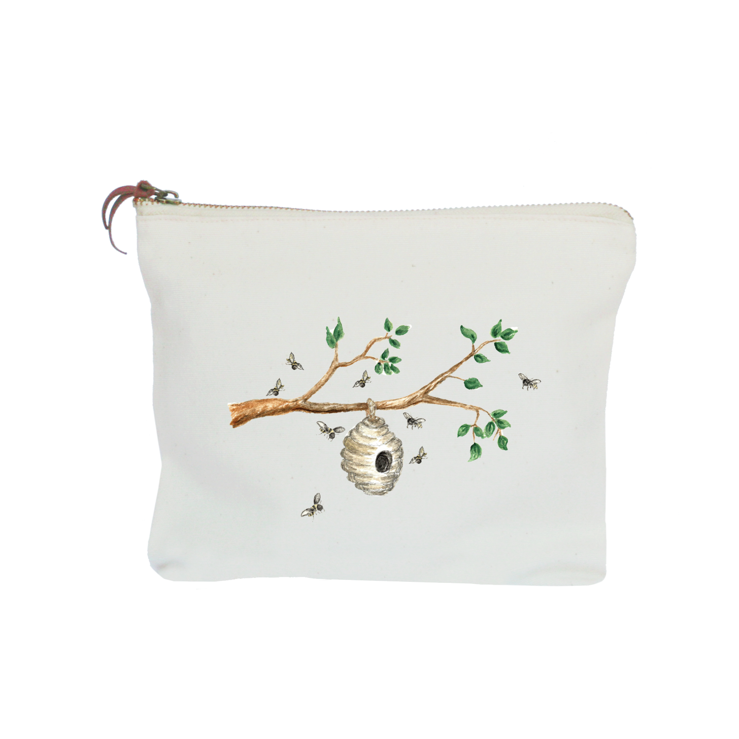 hive on branch with bees zipper pouch