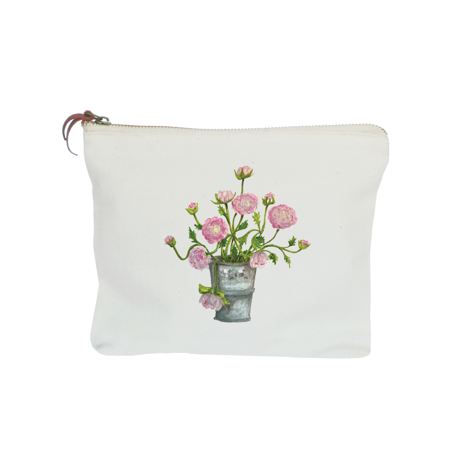 ranunculus in bucket zipper pouch