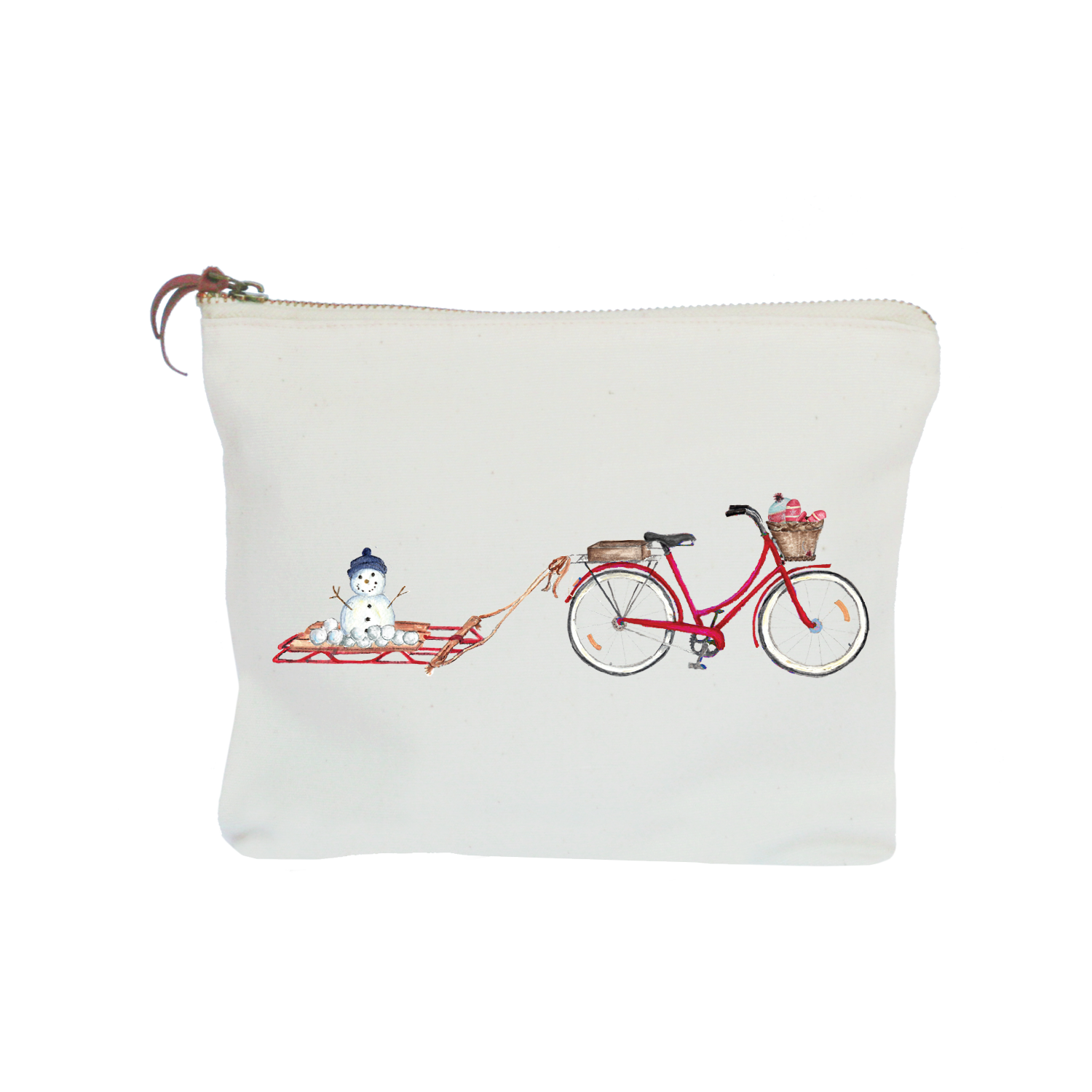 red bike with snowman on sled zipper pouch