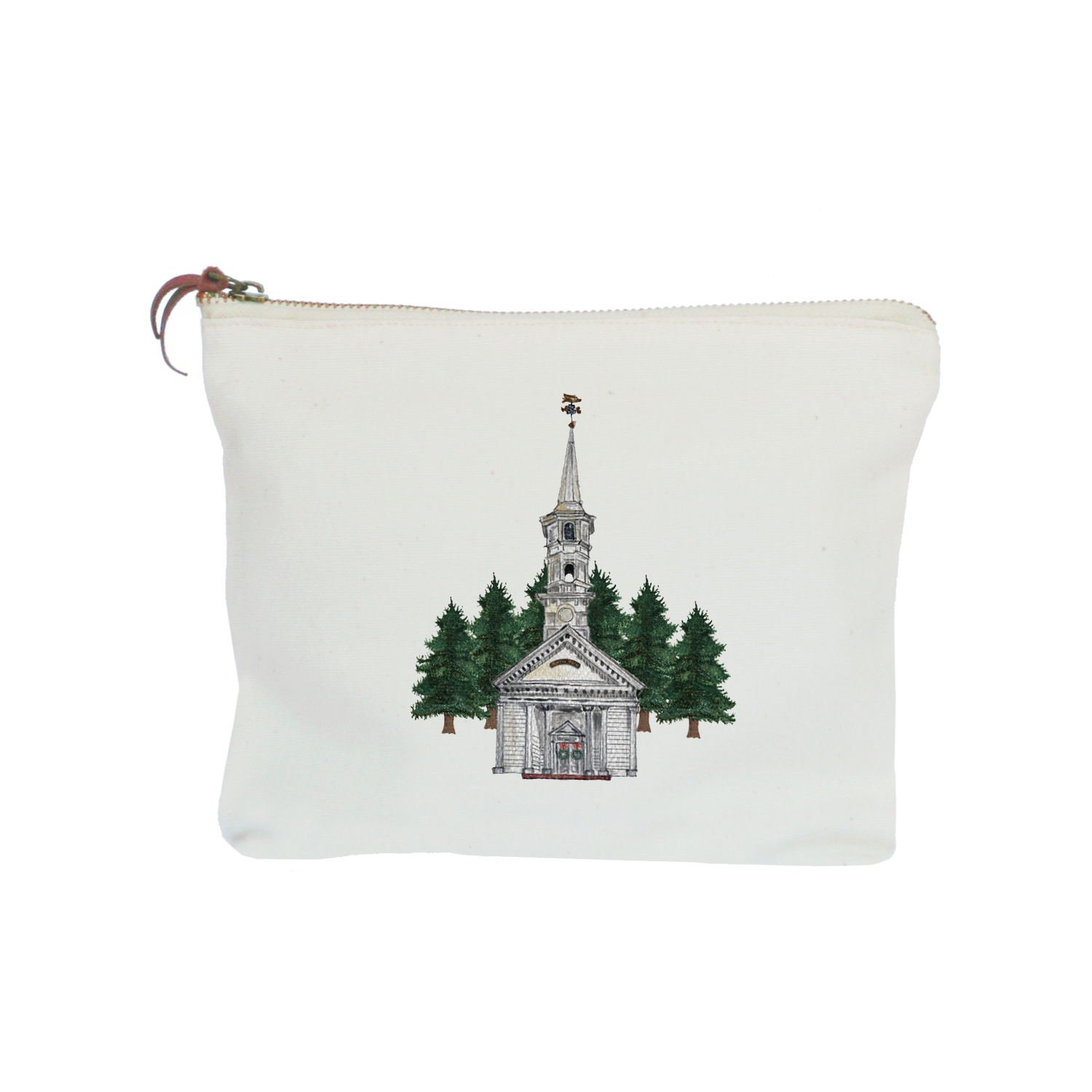 chapel with wreaths and trees zipper pouch