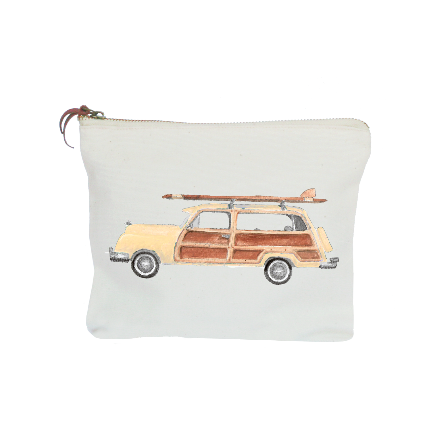 cream woody with surfboard zipper pouch