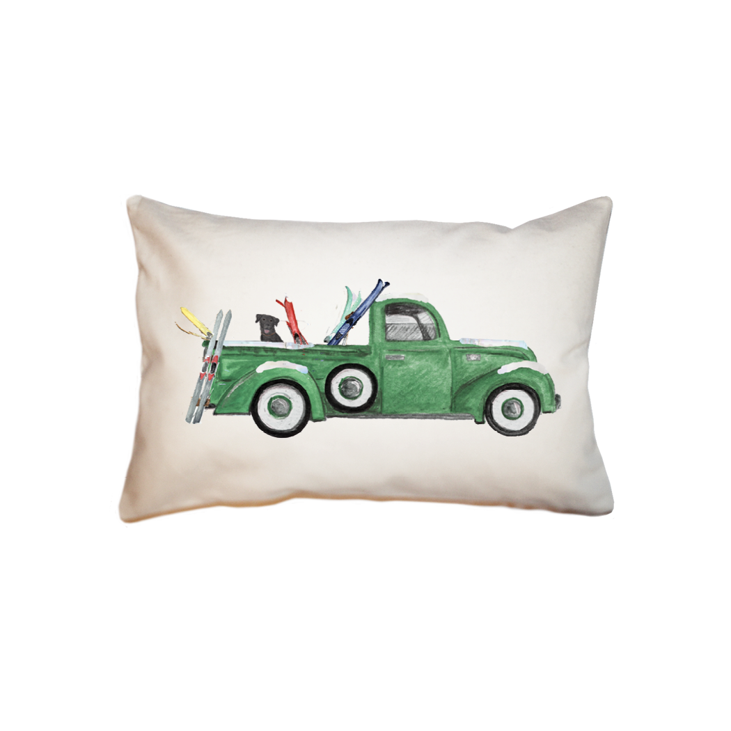 green truck with skis and lab  small accent pillow