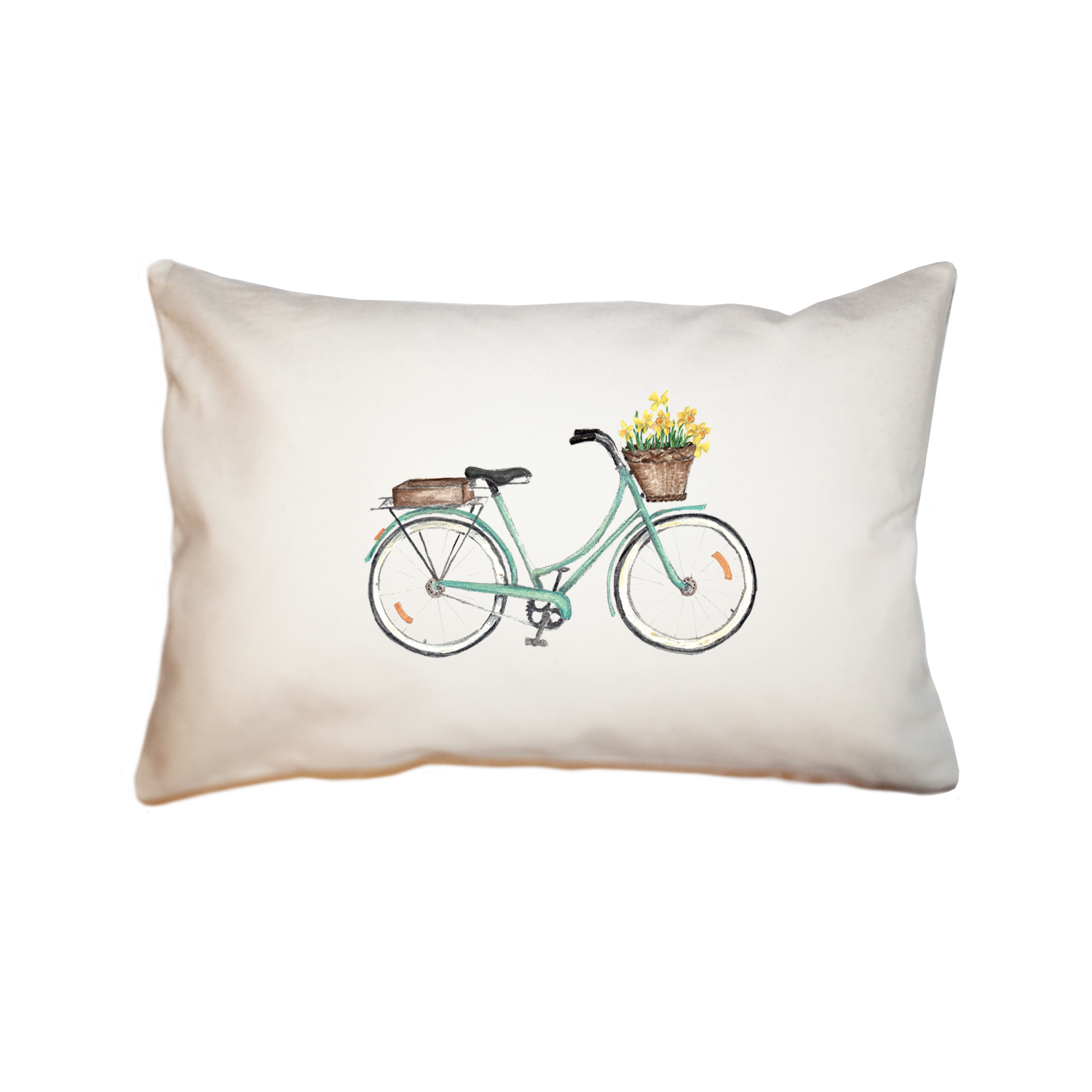 seafoam bike with daffodils in front large rectangle pillow