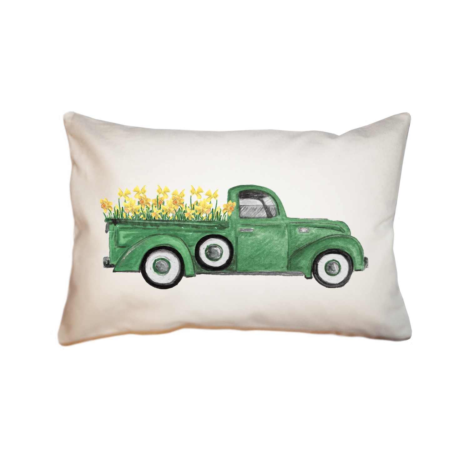 green truck with daffodils large rectangle pillow