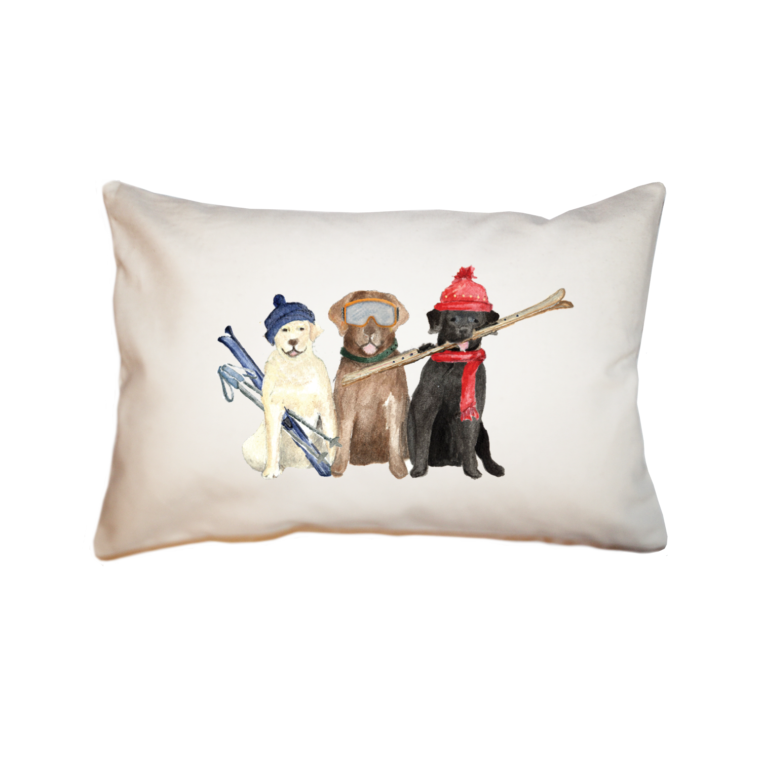 three labs skiing large rectangle pillow