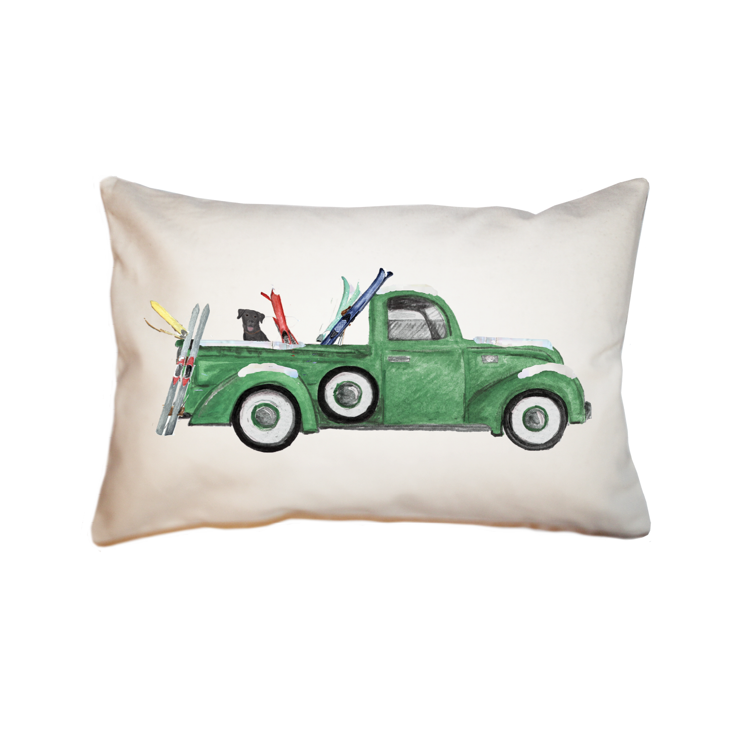 green truck with skis and lab large rectangle pillow