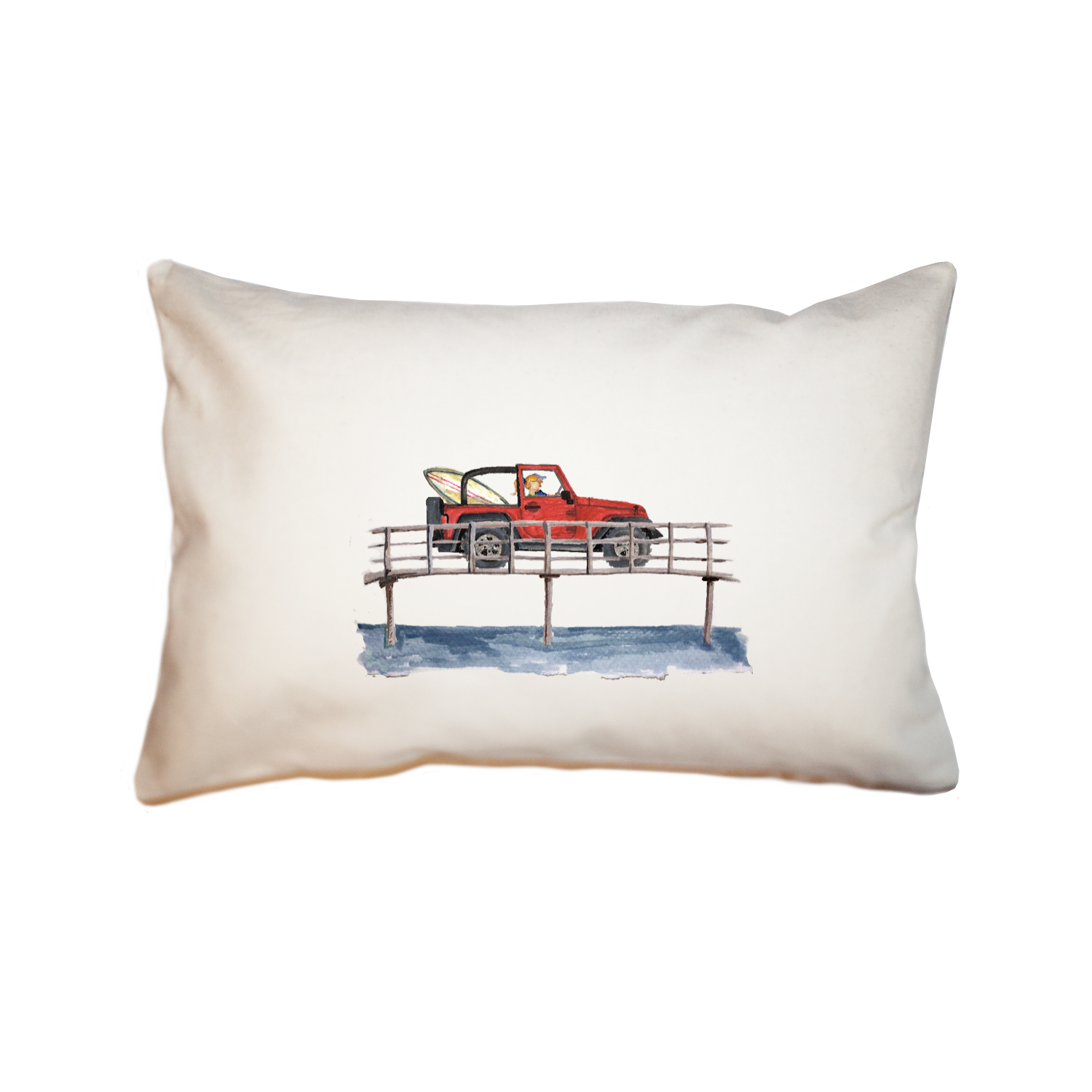 red jeep on bridge large rectangle pillow