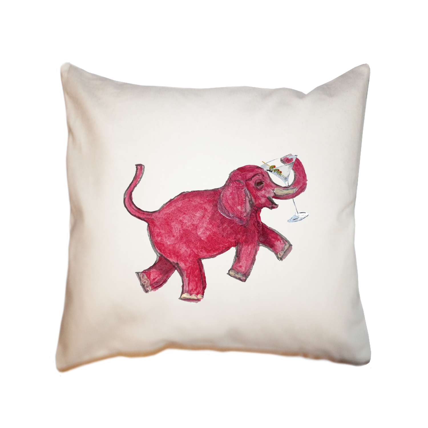 pink elephant with martini square pillow