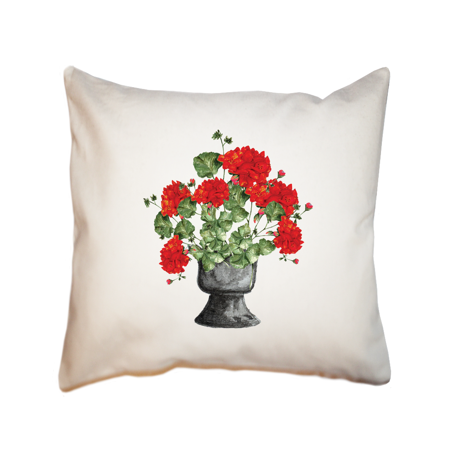 red geraniums in black pot square pillow