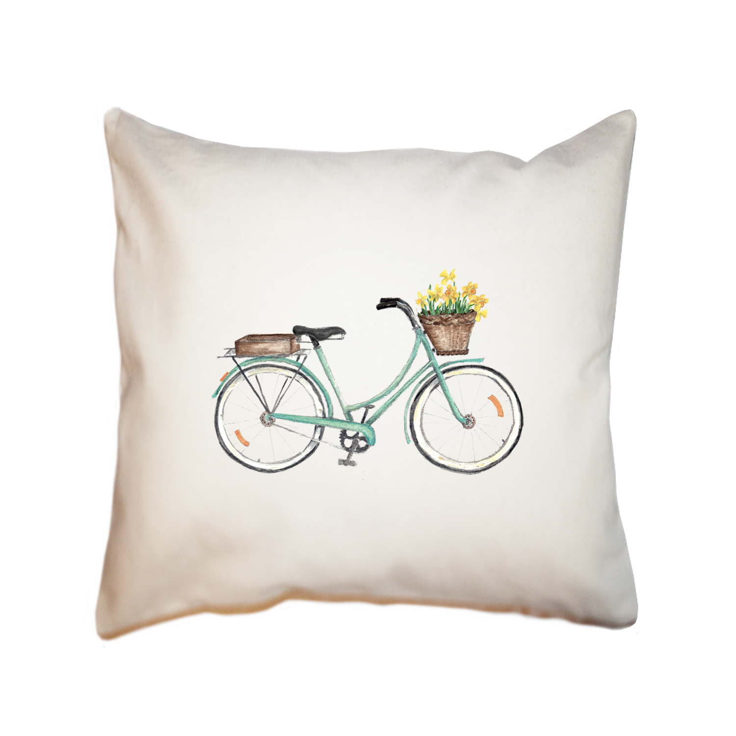 seafoam bike with daffodils in front square pillow